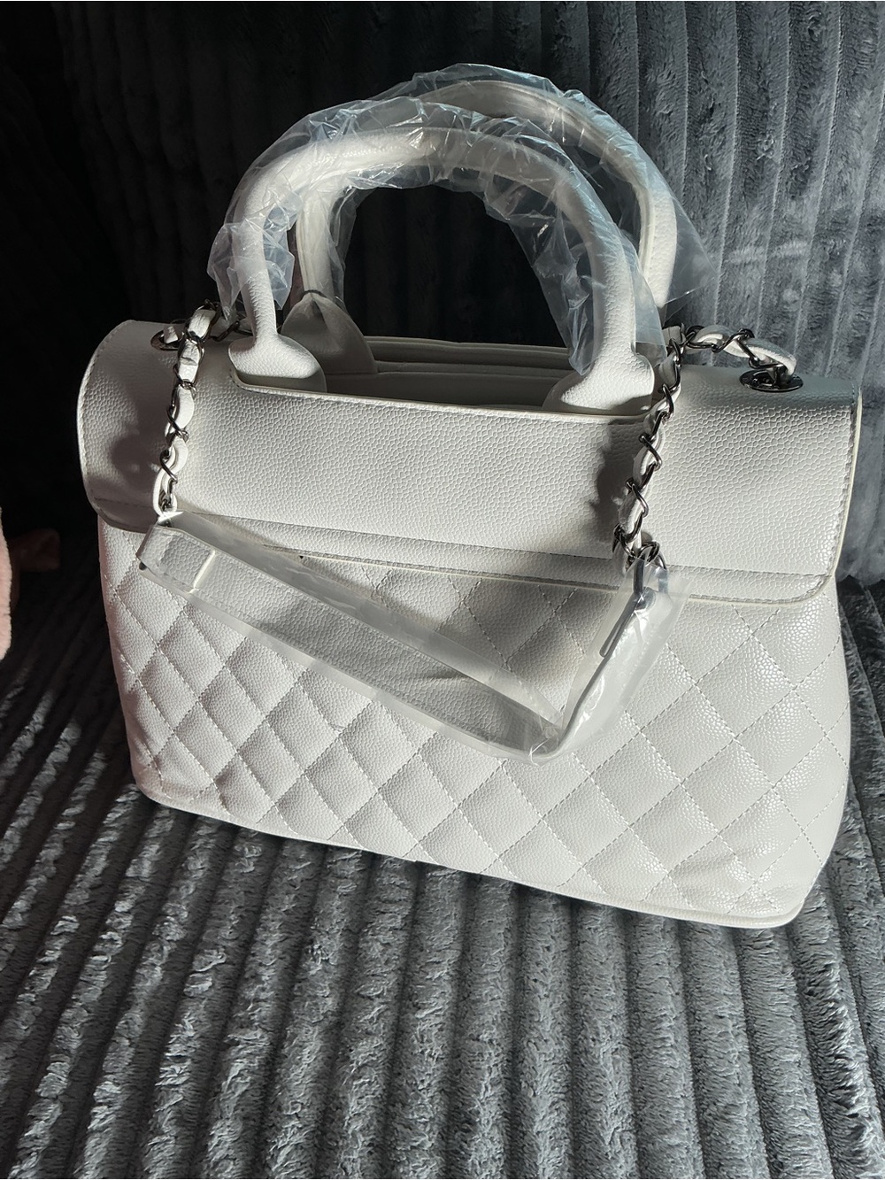 White Quilted Top-Handle Satchel with Chain Shoulder Strap